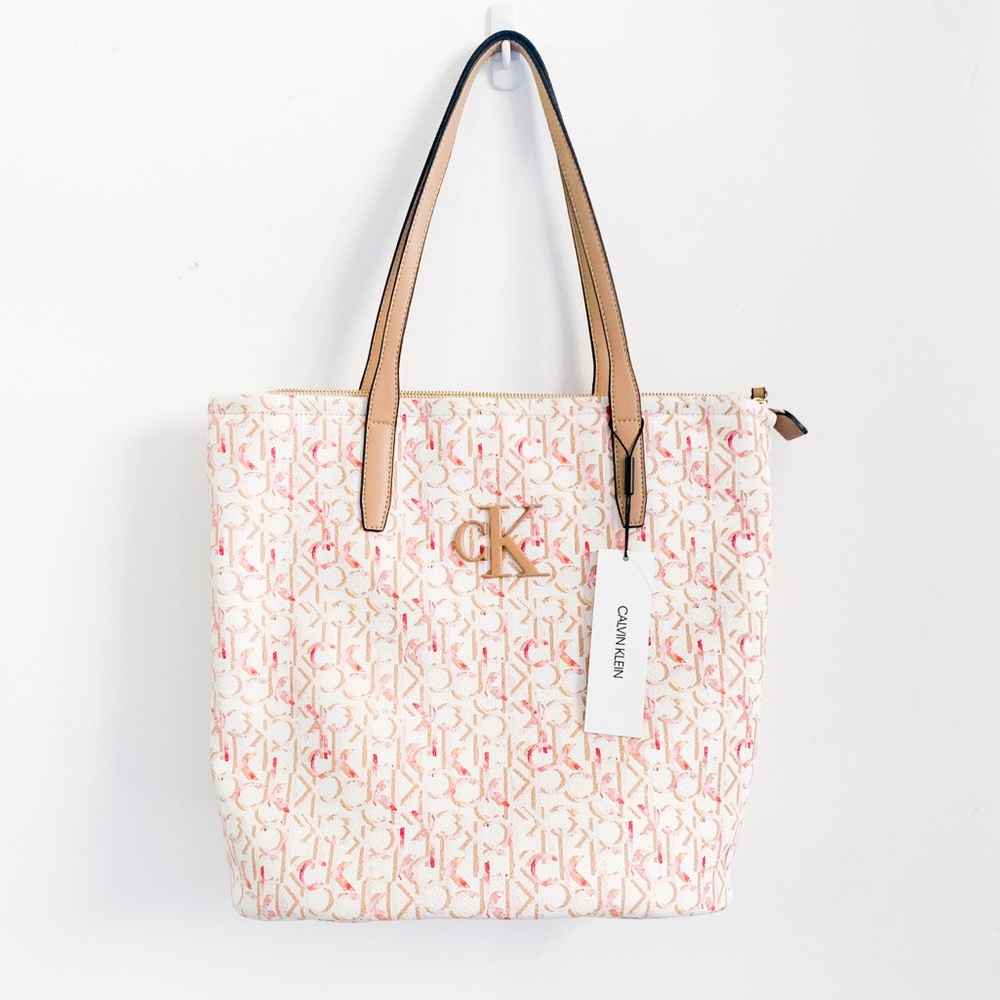 Calvin Klein Pink Cream Monogram Tote with Tan Handles